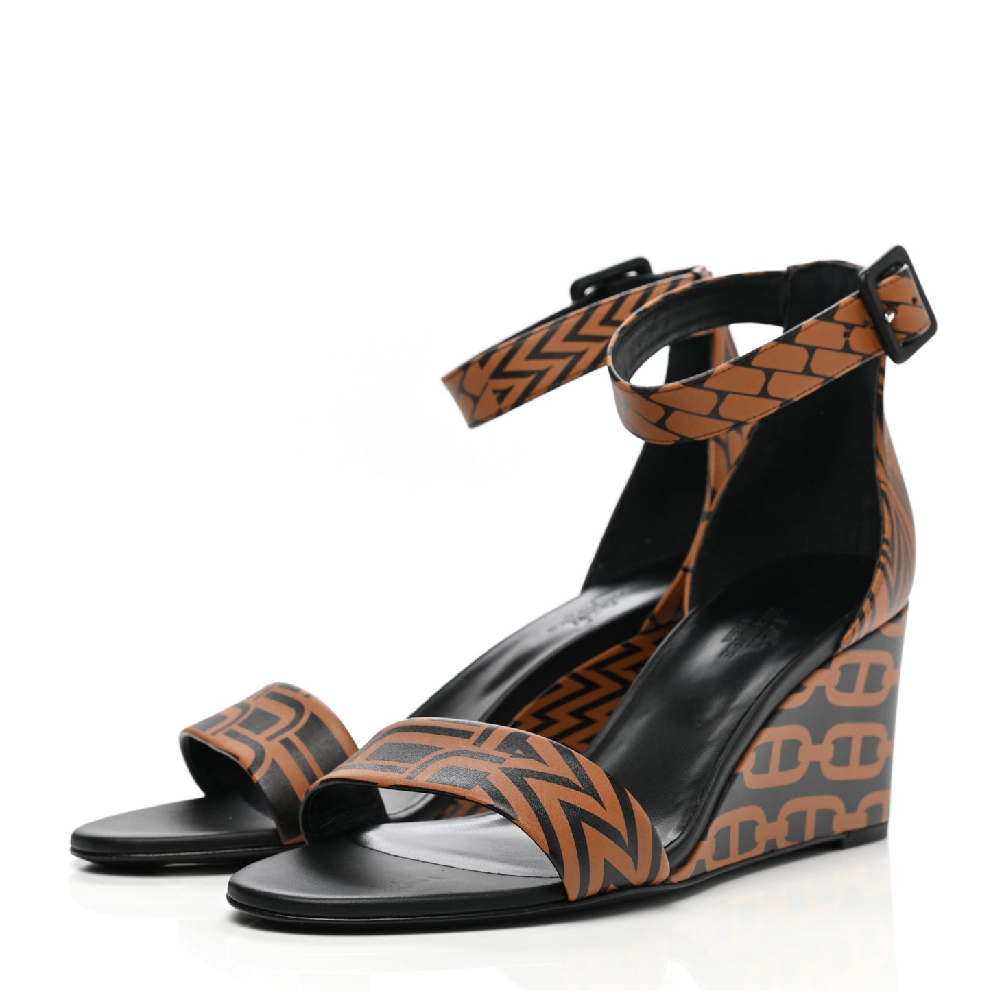 Calfskin Printed Acapulco Wedge Sandals 38.5 Black Naturel