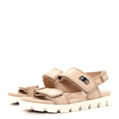 Christian Louboutin Calfskin Alligator Embossed Nappa Lock Cool Flat Sandals 38.5 Nougat 4 of 9