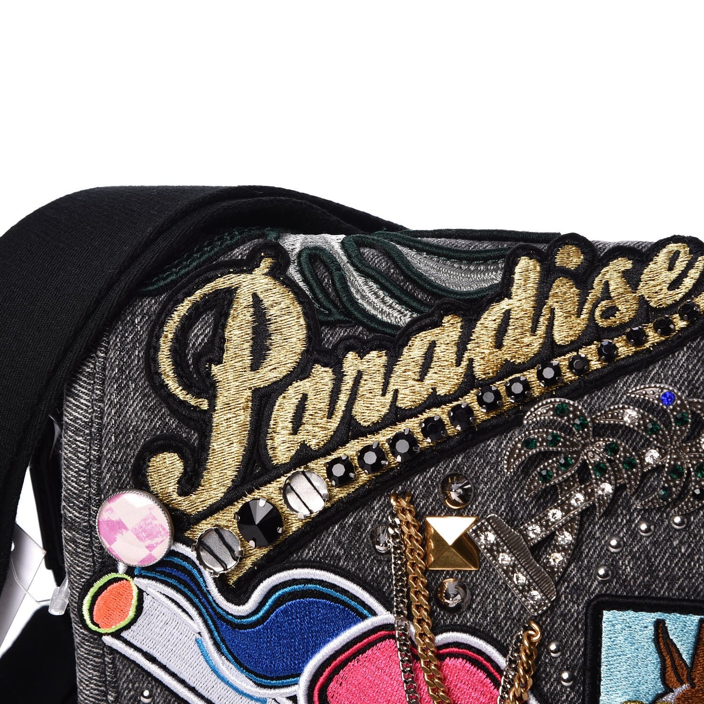 Denim Patchwork Paradise Biker Courier Bag Black