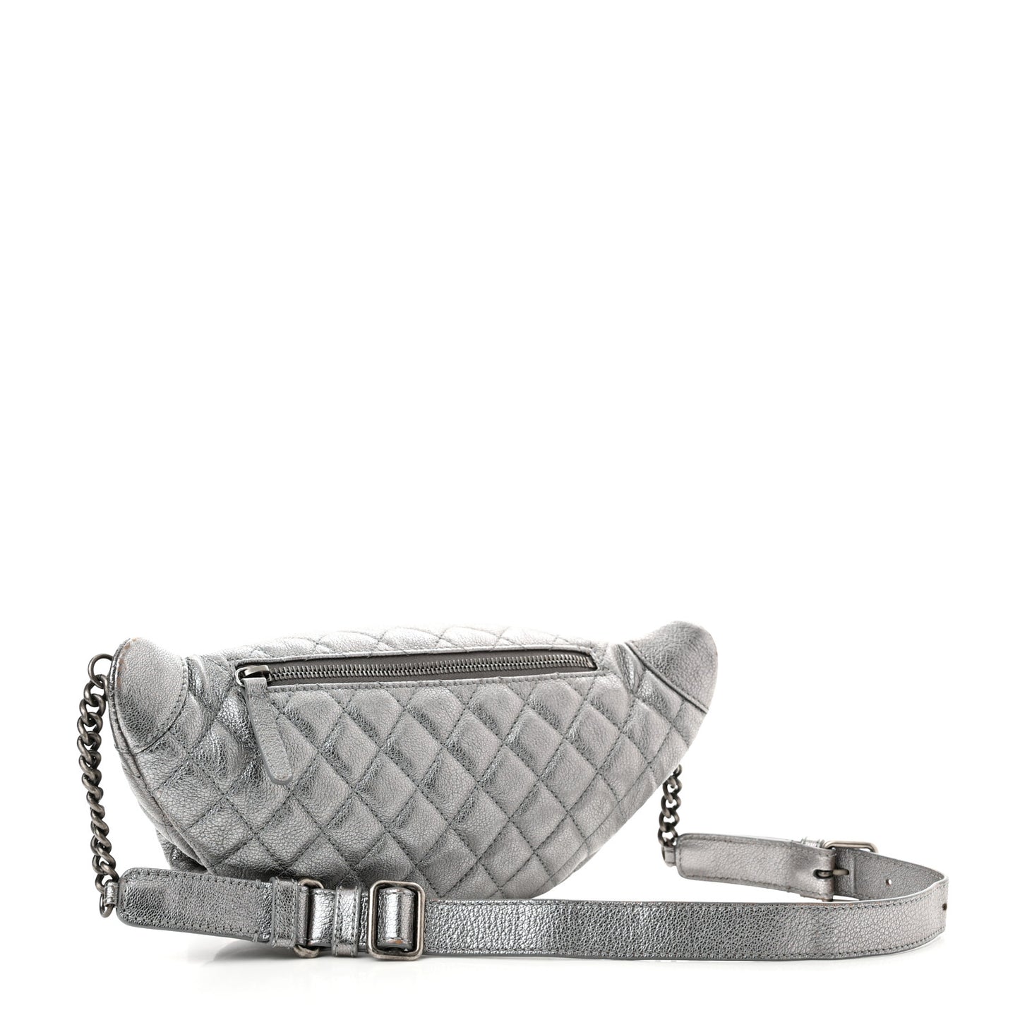 Metallic Calfskin Quilted Banane Waist Bag Fanny Pack Silver