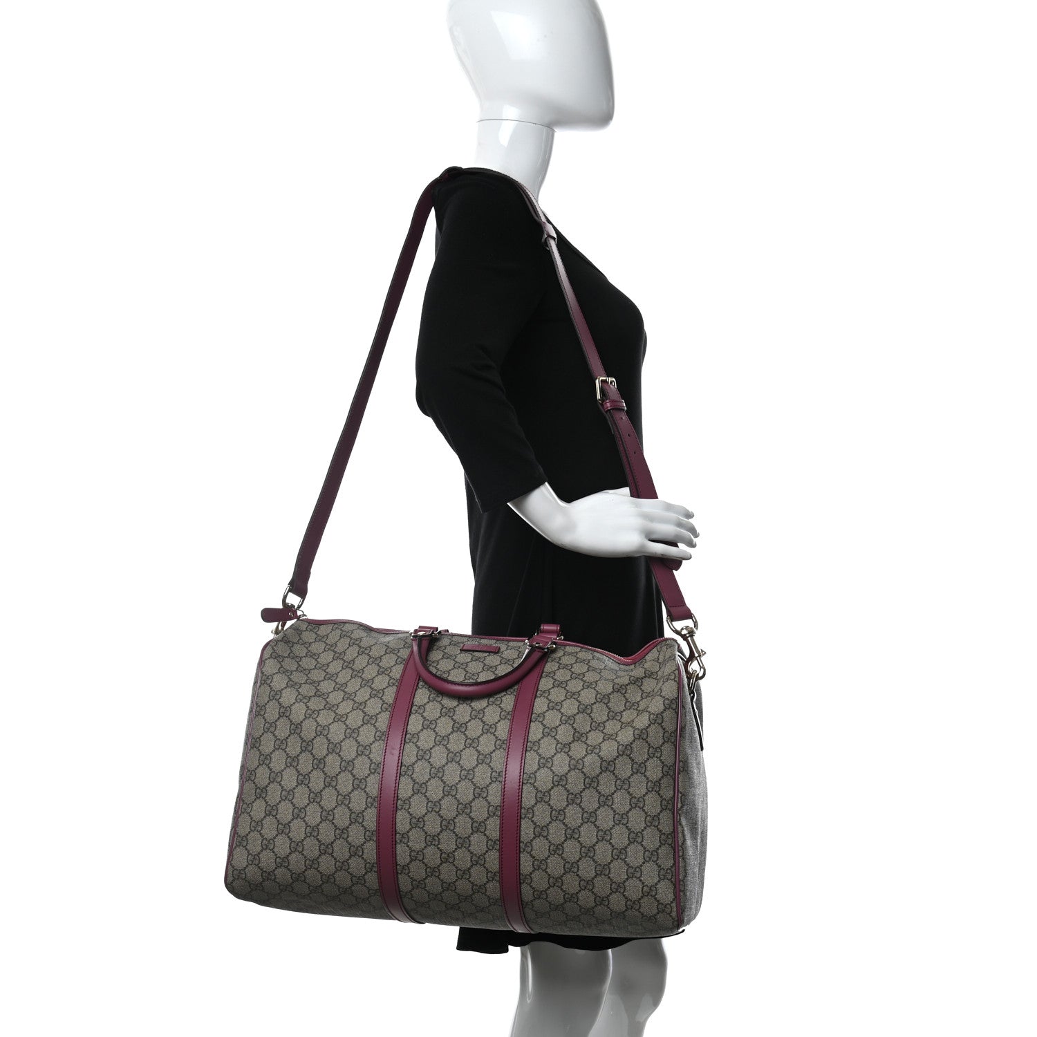 Gucci GG Supreme Monogram Selleria Calfskin Medium Carry On Duffle Bag Beige Ebony Peonia Flower 2 of 9