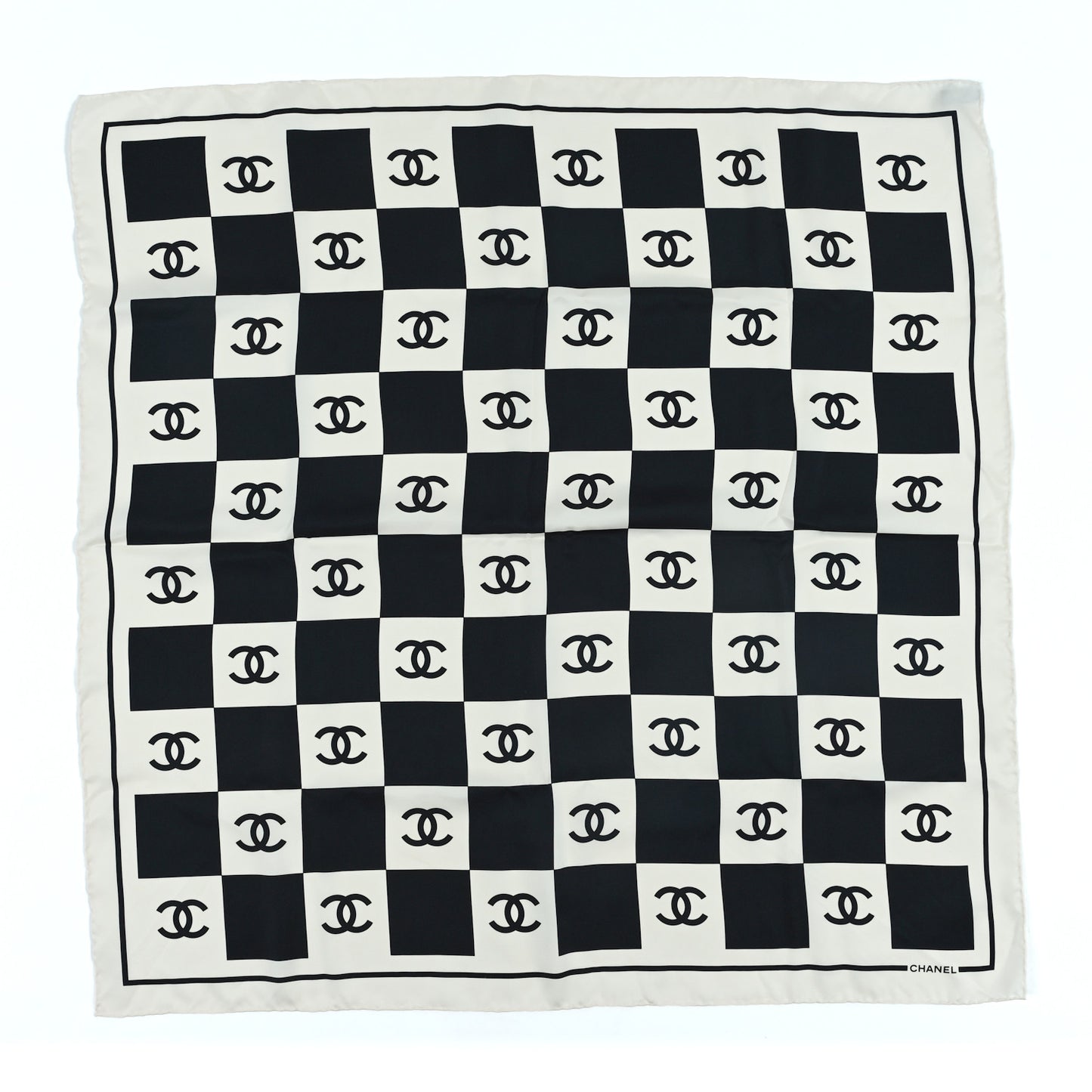 Silk CC Checkered Square Scarf  Black Ecru