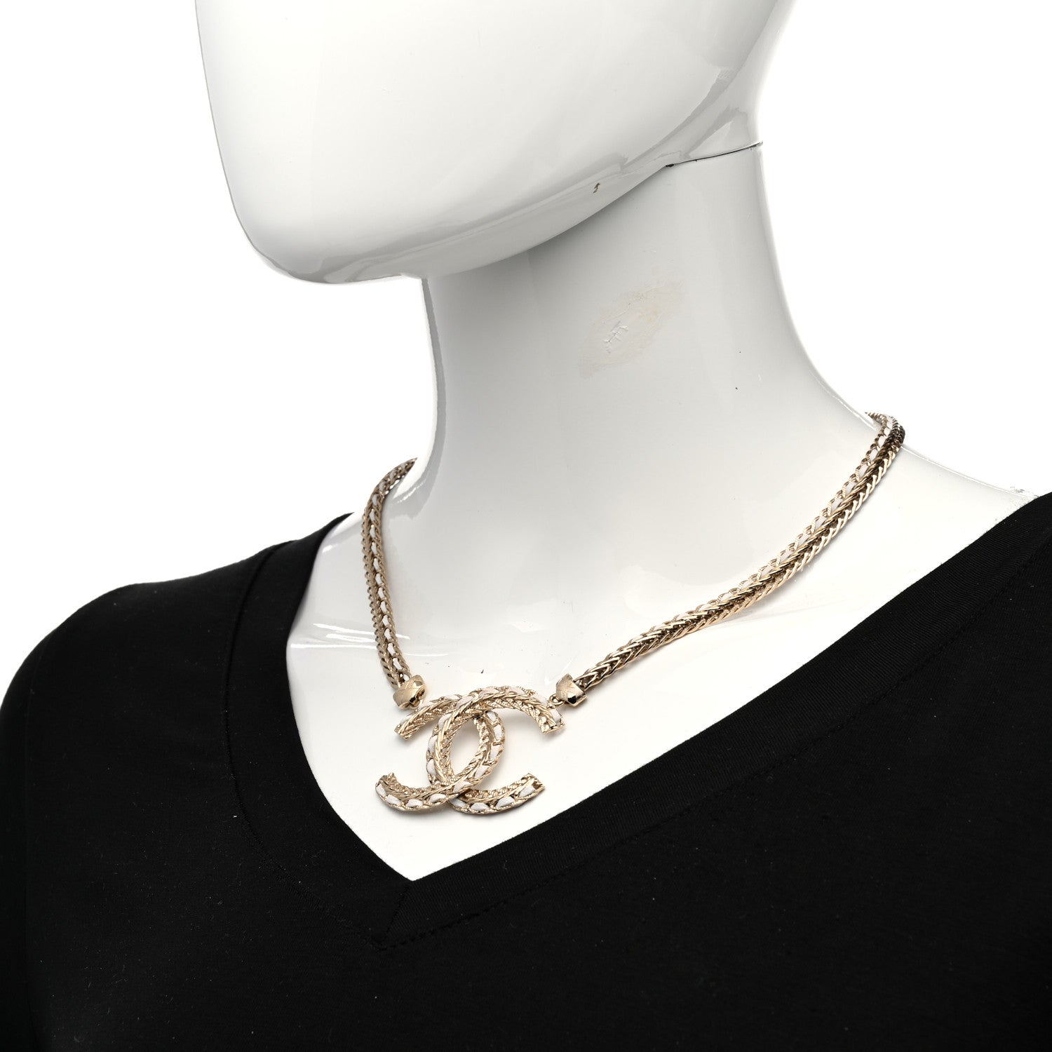 Chanel Metal Lambskin CC Chain Necklace Gold White 2 of 5