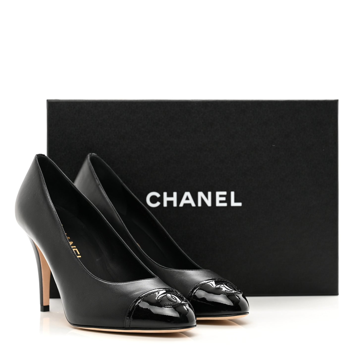 Lambskin Patent Calfskin Cap Toe CC Pumps 38 Black