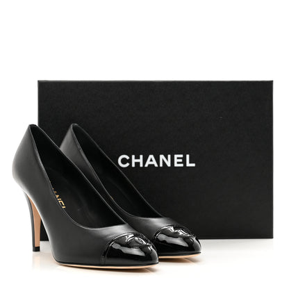Chanel Lambskin Patent Calfskin Cap Toe CC Pumps 38 Black 9 of 9