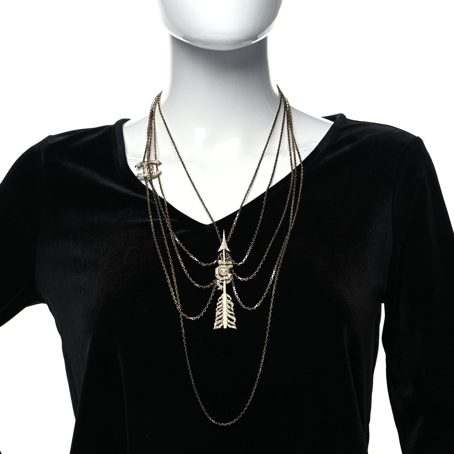 Crystal Pearl Multi Strand Chain CC Arrow Necklace Gold