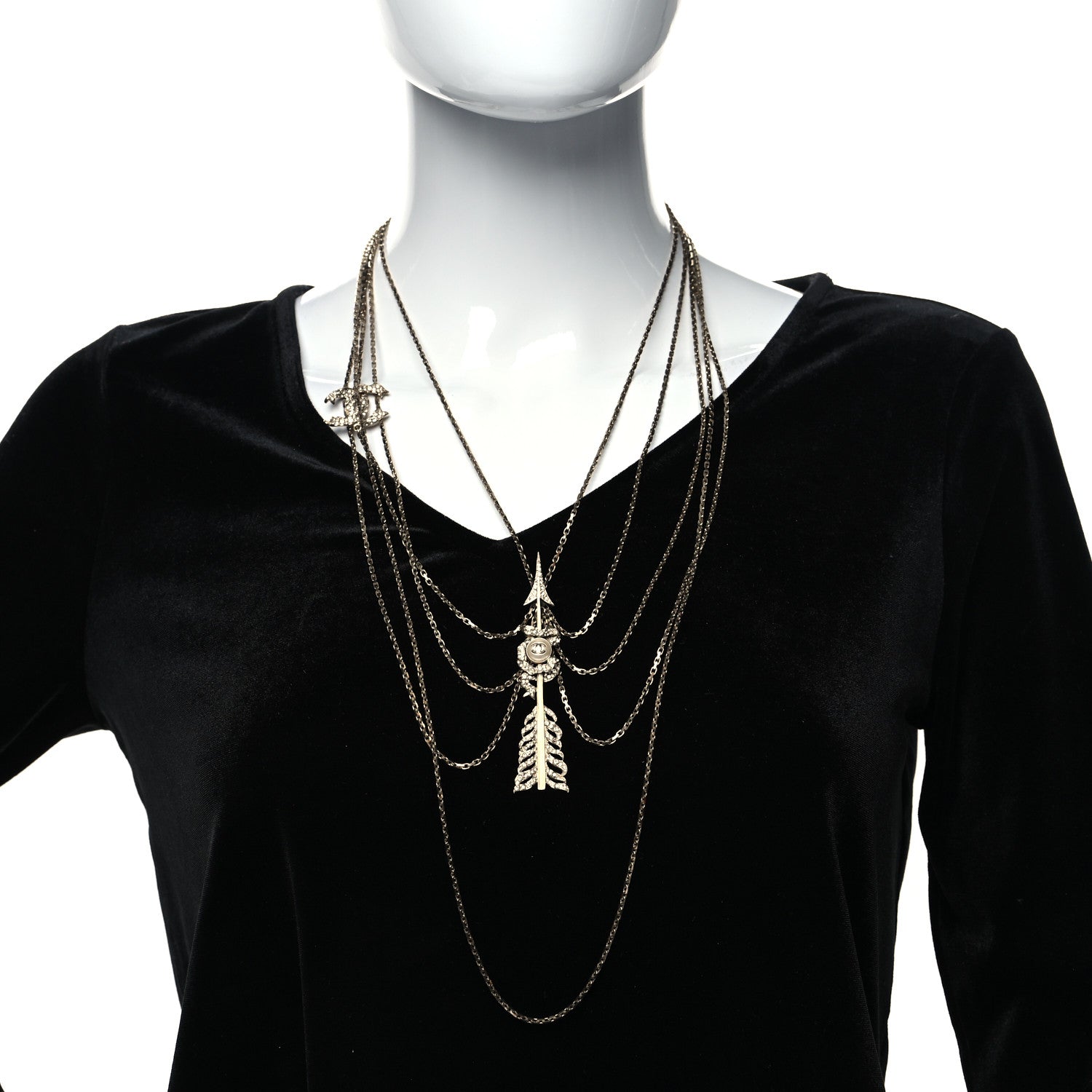 Chanel Crystal Pearl Multi Strand Chain CC Arrow Necklace Gold 2 of 5