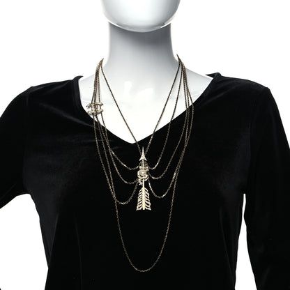 Chanel Crystal Pearl Multi Strand Chain CC Arrow Necklace Gold 2 of 5