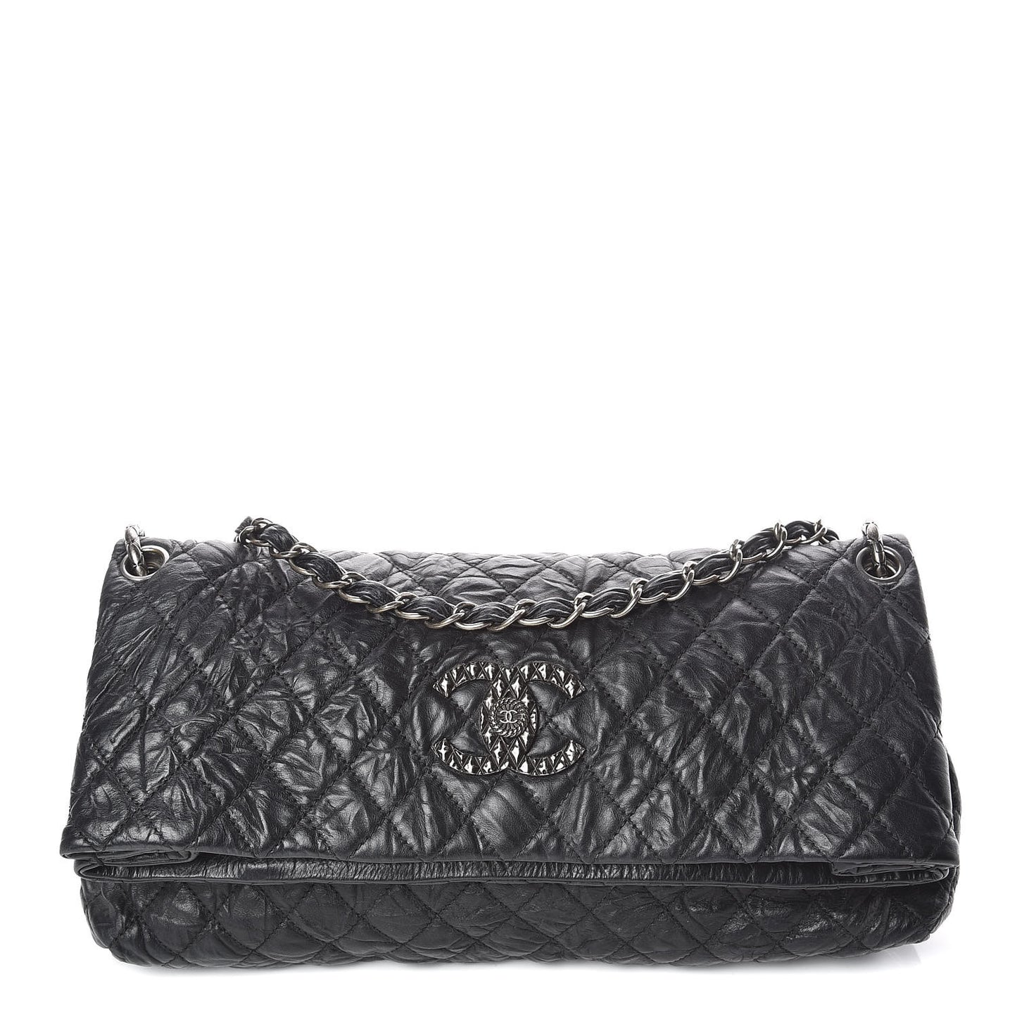 Aged Calfskin Quilted Coco Rider Fold Over Flap Black