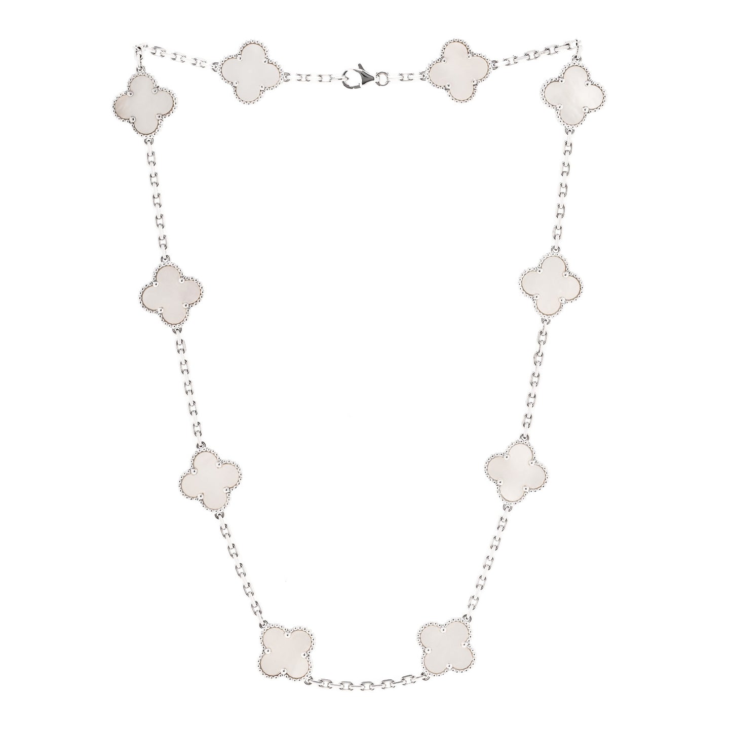 18K White Gold Mother of Pearl 10 Motifs Vintage Alhambra Necklace