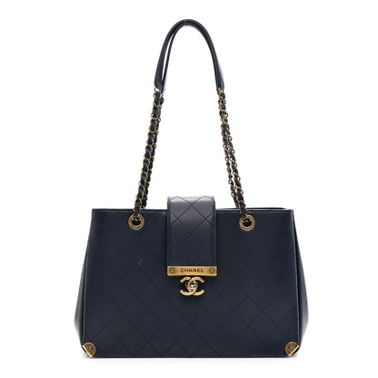 Chanel Lambskin Stitched Medium Around The Corner Shopping Tote Deep Marine 1 of 10