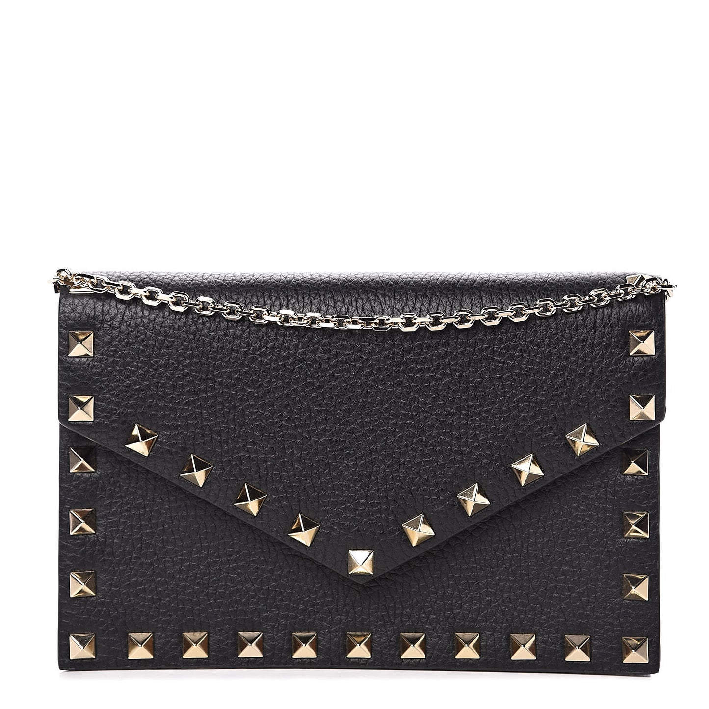 Pebbled Calfskin Rockstud Envelope Wallet on Chain Black