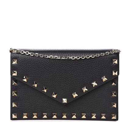 Valentino Garavani Pebbled Calfskin Rockstud Envelope Wallet on Chain Black 1 of 10