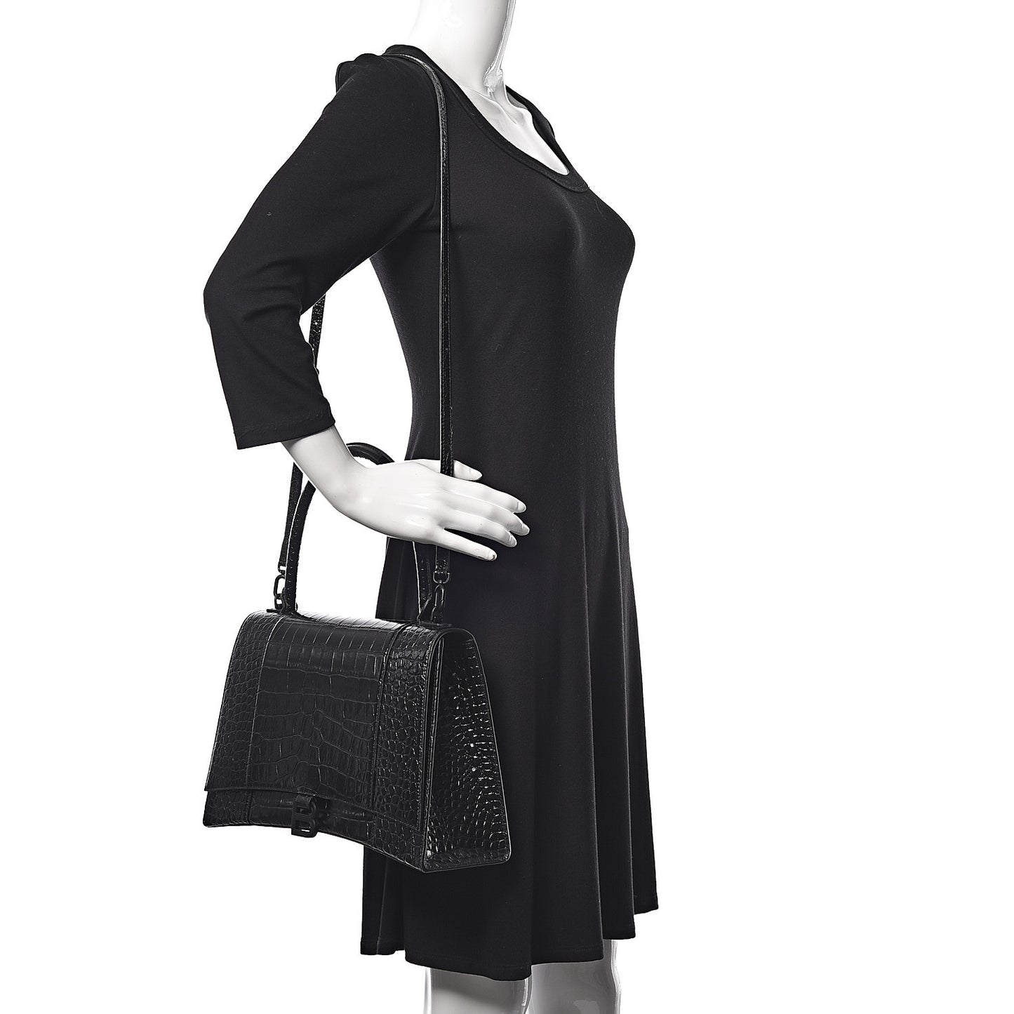 Shiny Calfskin Monochrome Crocodile Embossed Medium Hourglass Top Handle Bag Black