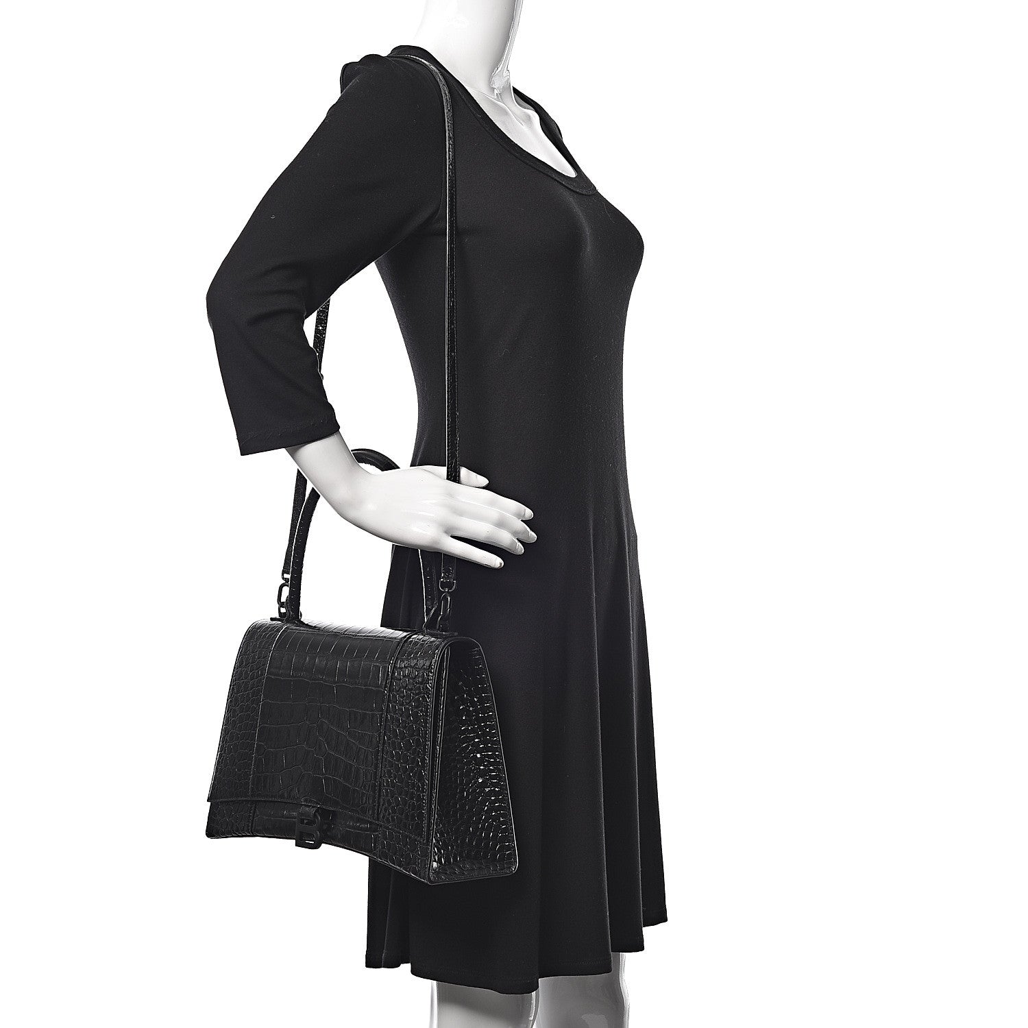 Balenciaga Shiny Calfskin Monochrome Crocodile Embossed Medium Hourglass Top Handle Bag Black 2 of 10