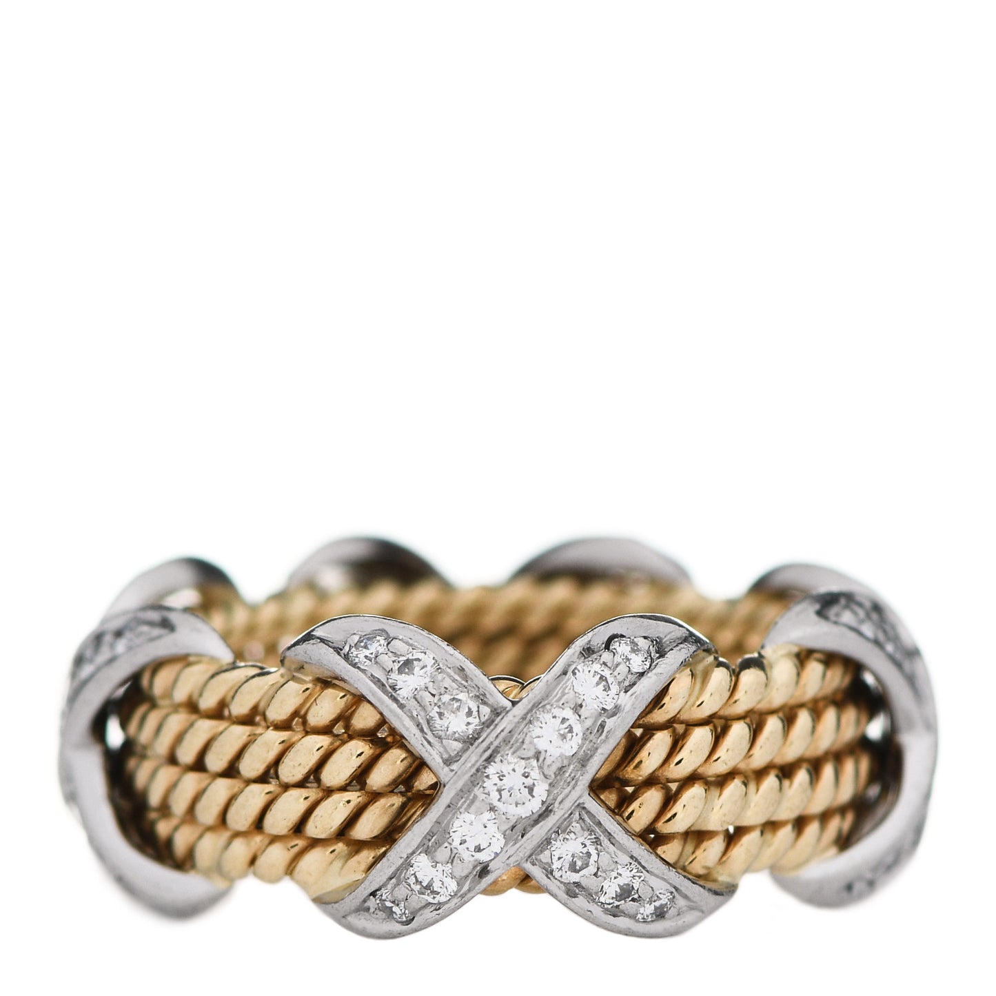18K Yellow Gold Platinum Diamond Schlumberger Rope Four Row X Ring 53 6.25