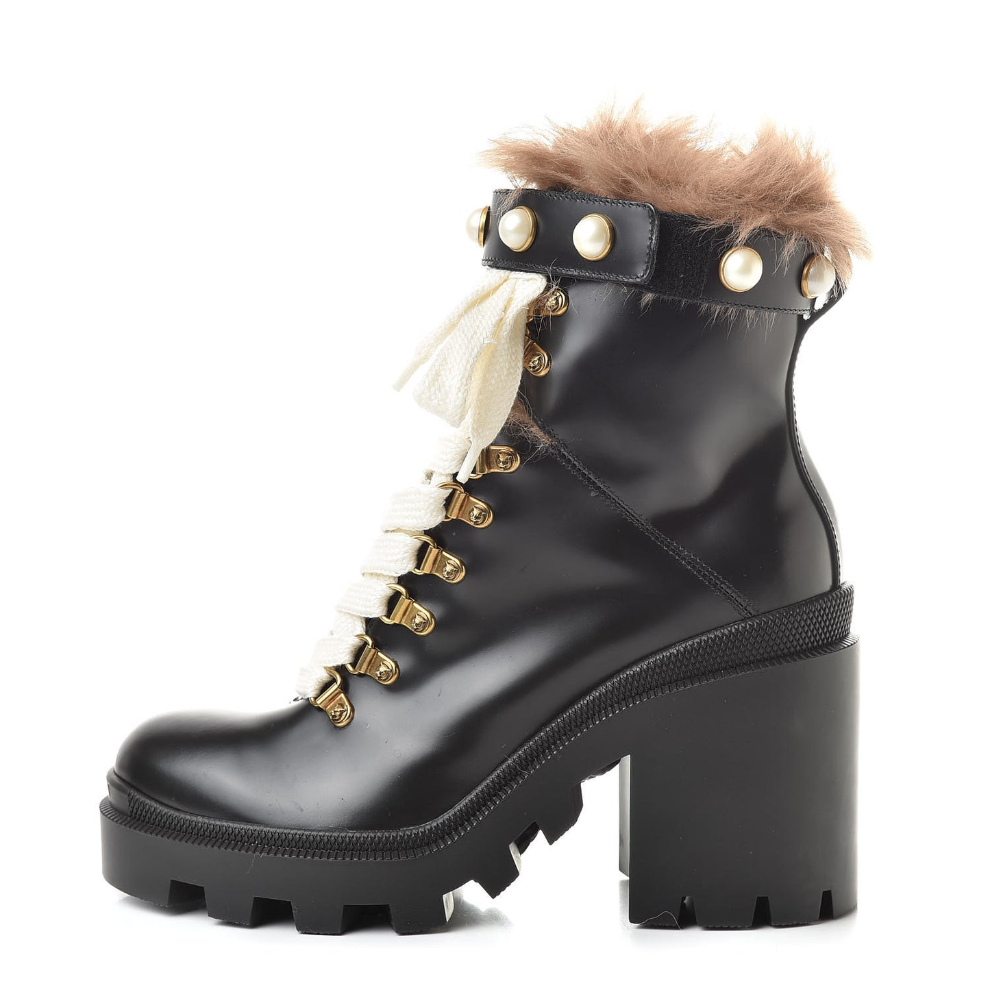 Magnum Calfskin Fur Pearl Lace Up Combat Ankle Boots 38.5 Black Naturale
