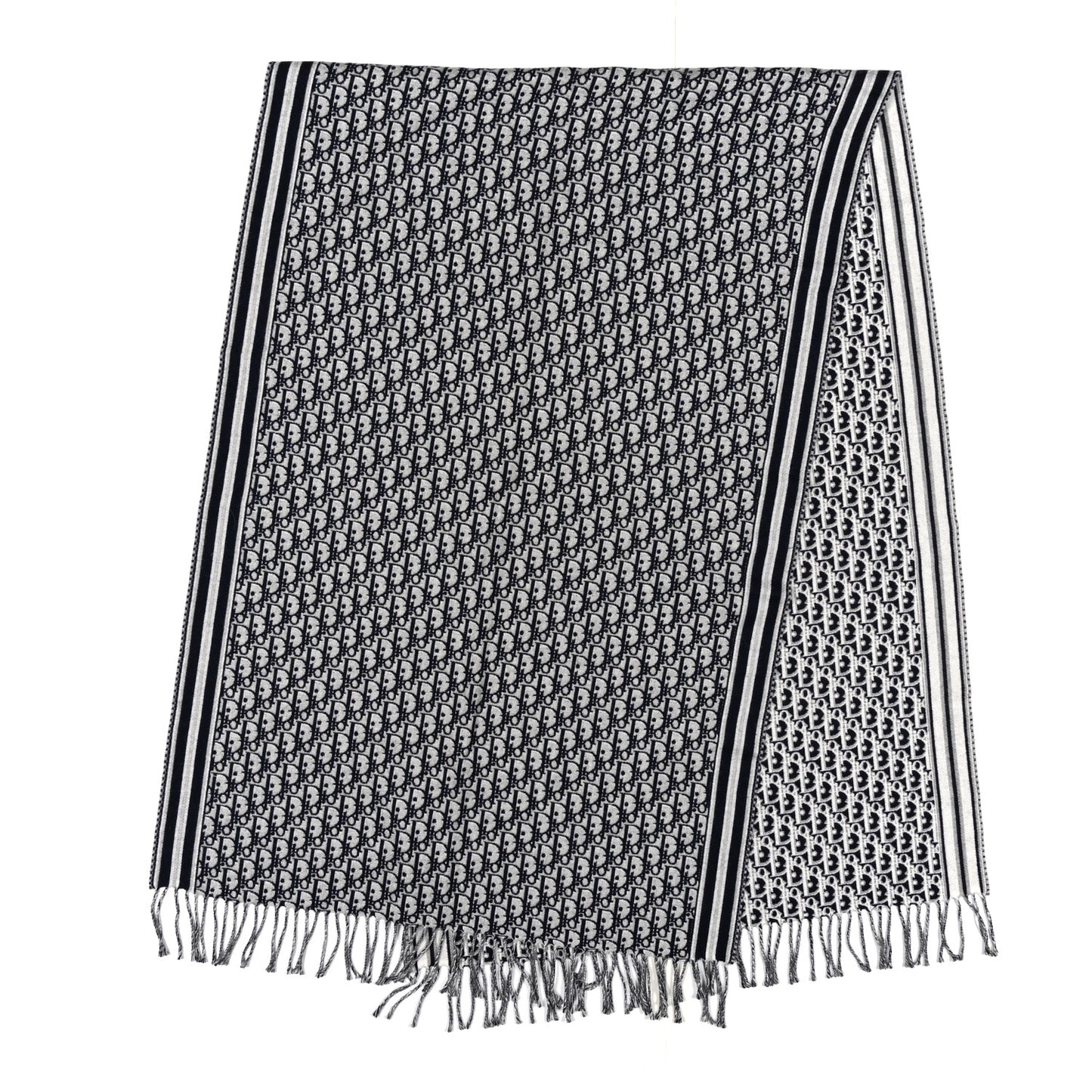 Wool Oblique Fringed Scarf Navy Blue