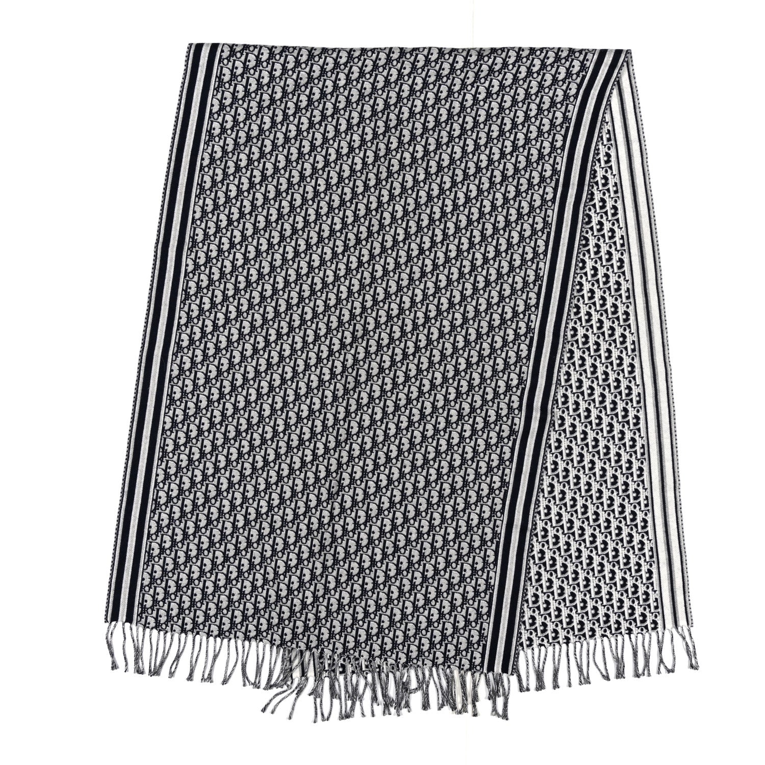 Christian Dior Wool Oblique Fringed Scarf Navy Blue 2 of 3