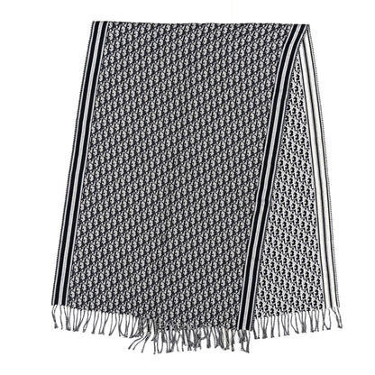 Christian Dior Wool Oblique Fringed Scarf Navy Blue 2 of 3