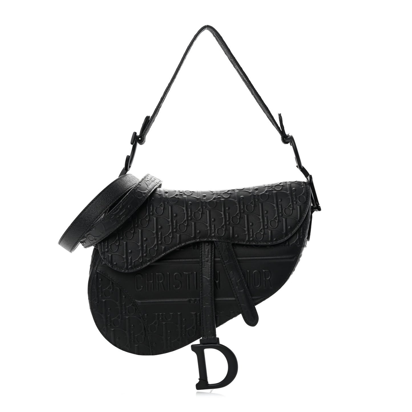 Calfskin Embossed Oblique Saddle Bag With Strap Black