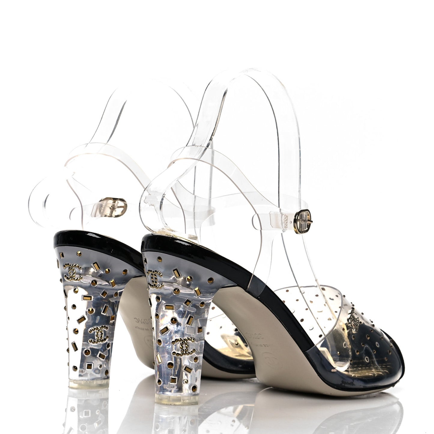PVC Studded Grosgrain Cap Toe Pumps 38.5 Transparent Black