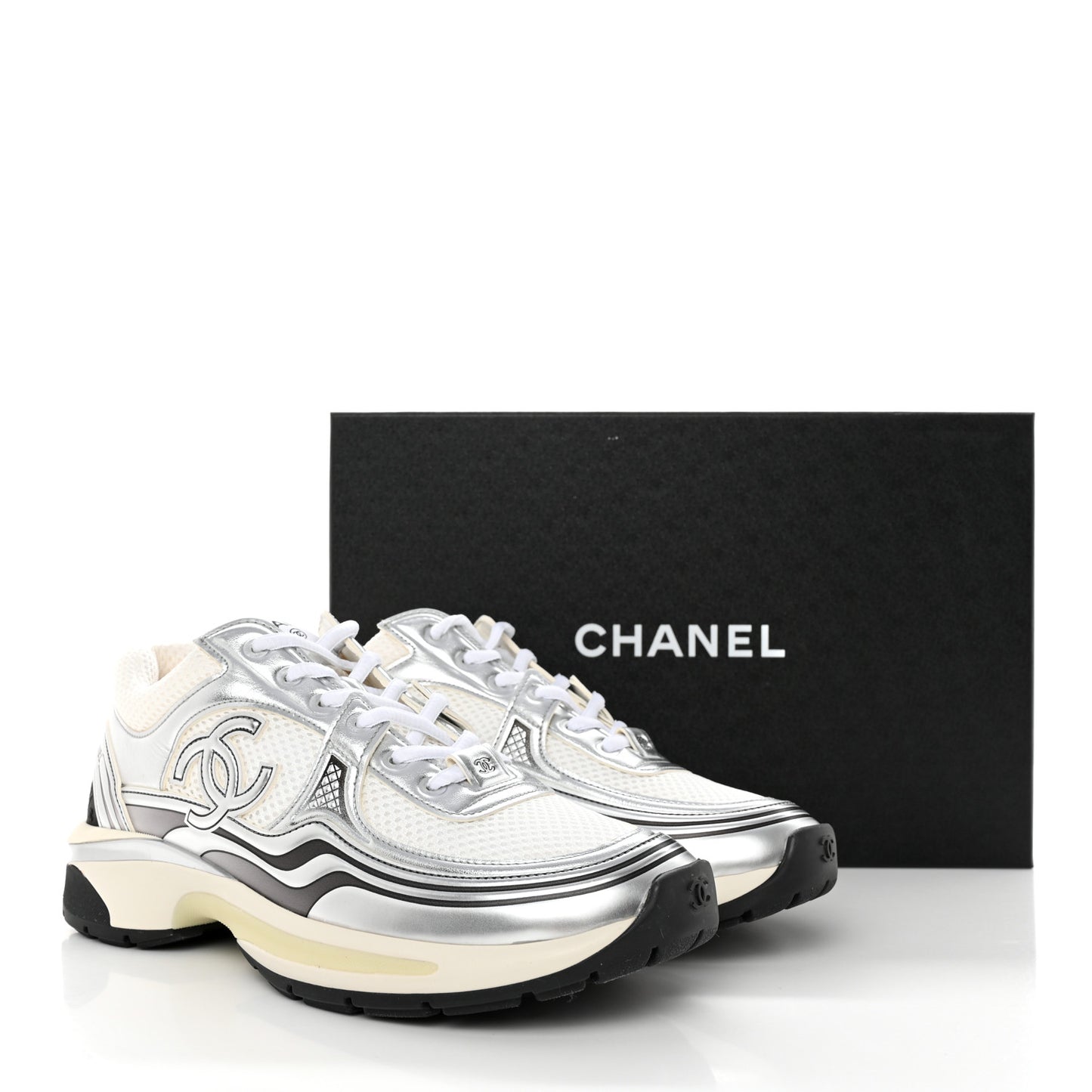 Fabric Laminated Calfskin Stretch CC Sneakers 39 White Silver