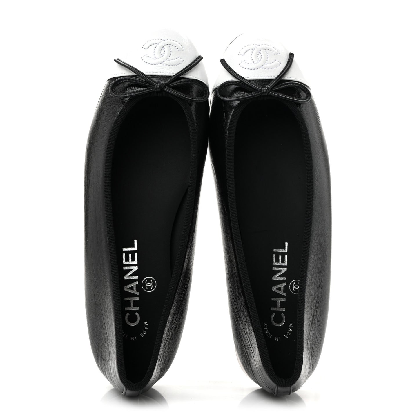 Crumpled Shiny Lambskin Cap Toe CC Ballerina Flats 36.5 Black White