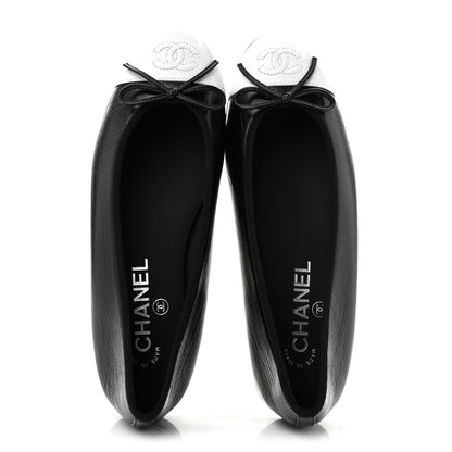 Chanel Crumpled Shiny Lambskin Cap Toe CC Ballerina Flats 36.5 Black White 5 of 10