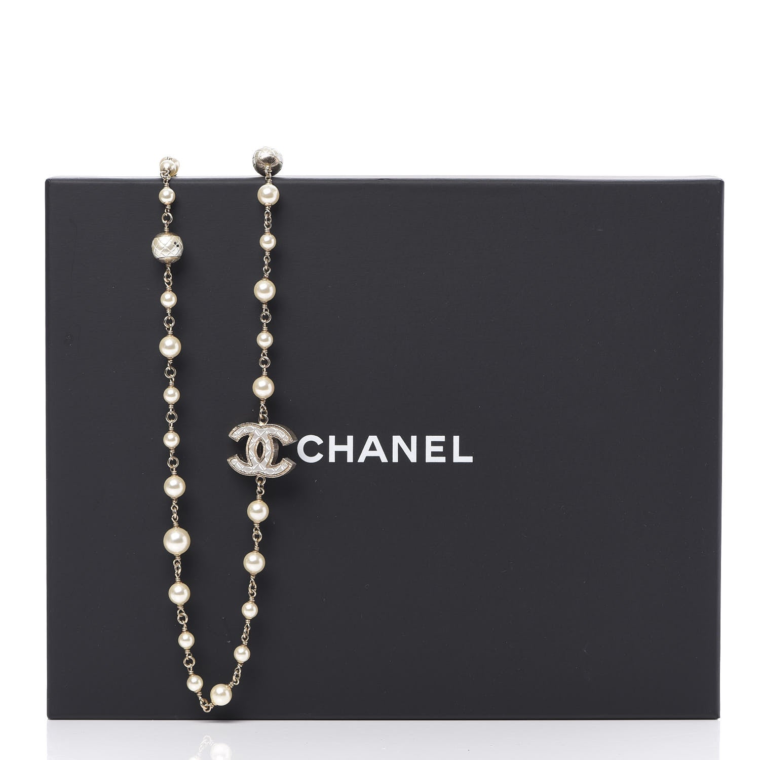 Chanel Metal Quilted Pearl CC Long Necklace Light Gold 7 of 8