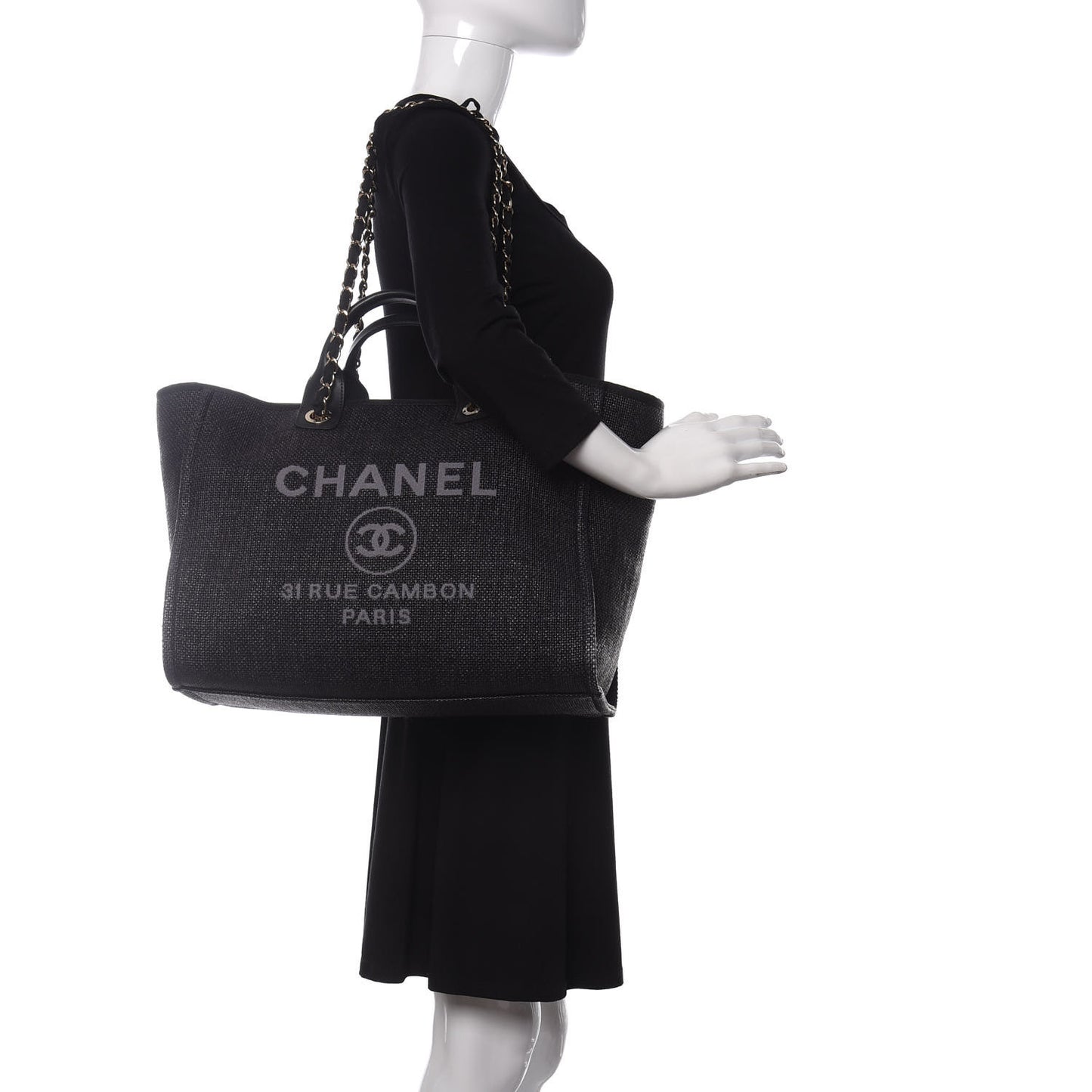 Woven Straw Raffia Medium Deauville Tote Black