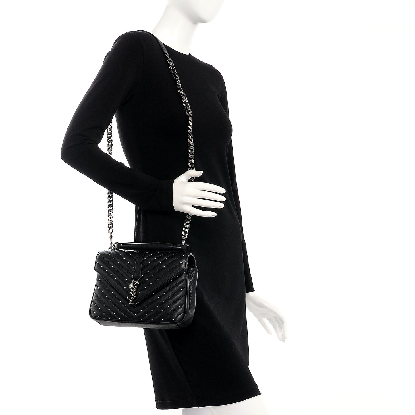 Lambskin Matelasse Chevron Studded Monogram Medium College Bag Black