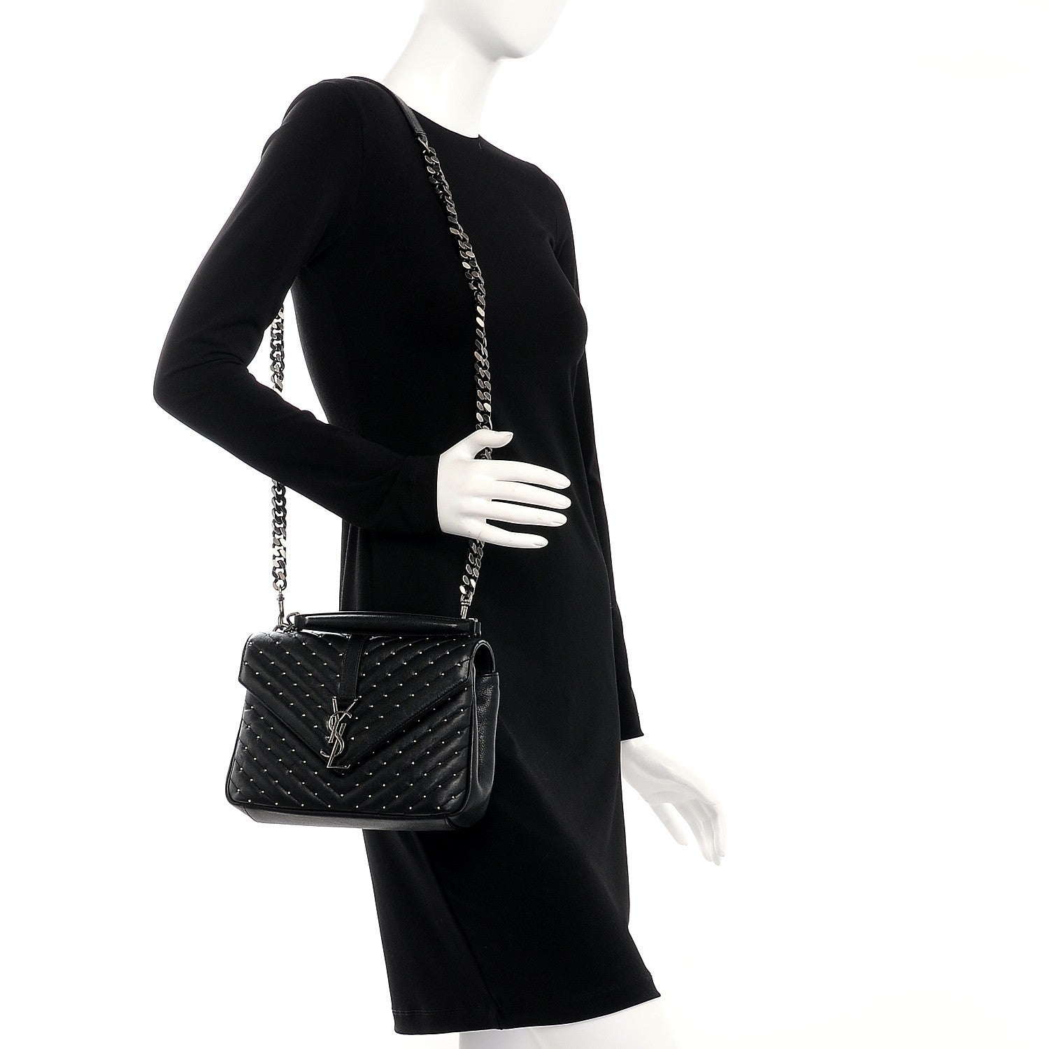 Saint Laurent Lambskin Matelasse Chevron Studded Monogram Medium College Bag Black 2 of 7
