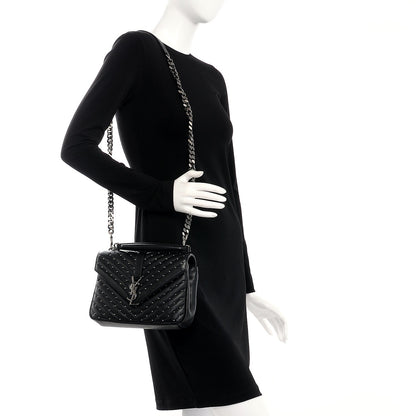 Saint Laurent Lambskin Matelasse Chevron Studded Monogram Medium College Bag Black 2 of 7
