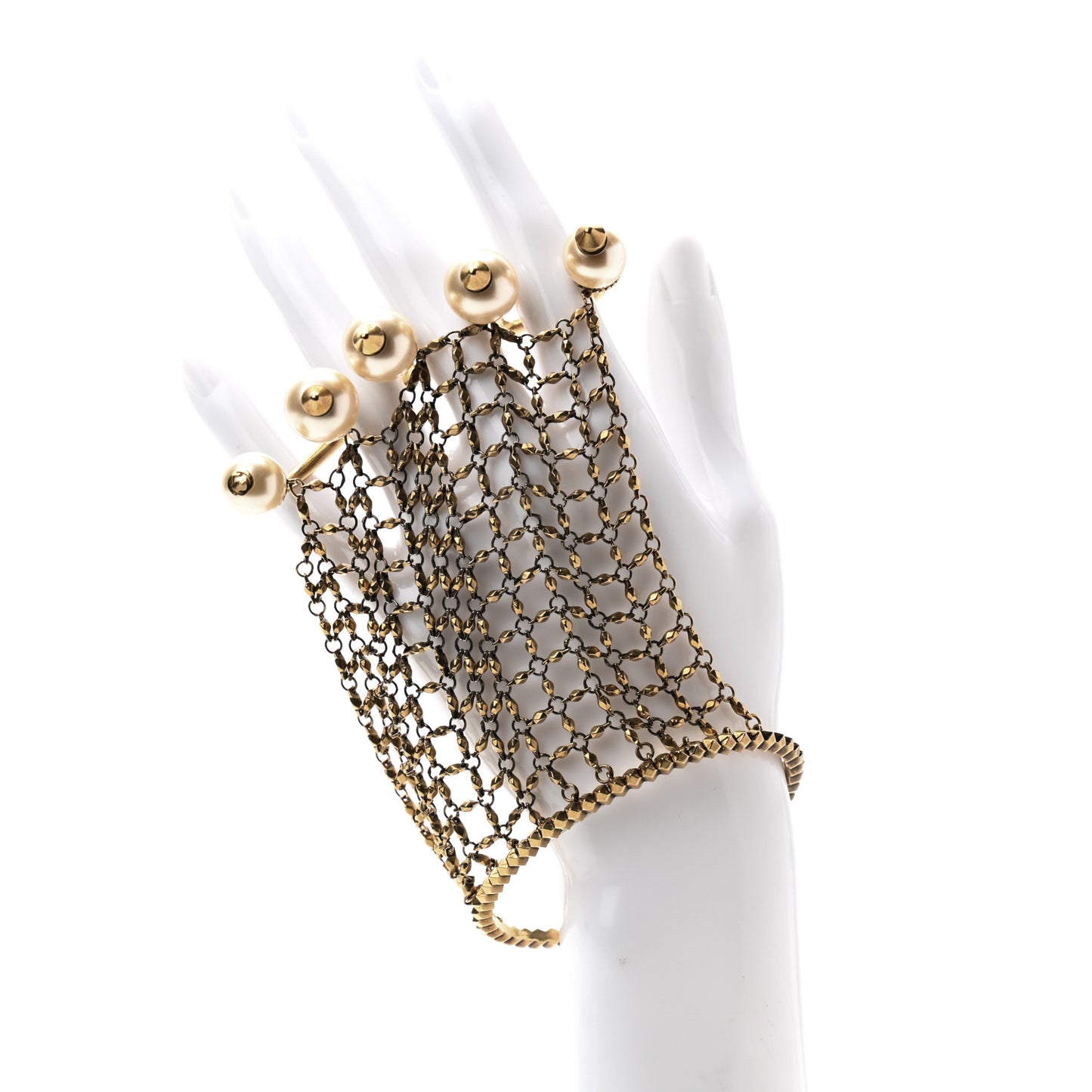 Metal Embellished Pearl Multi-Finger Ring Bracelet Gold
