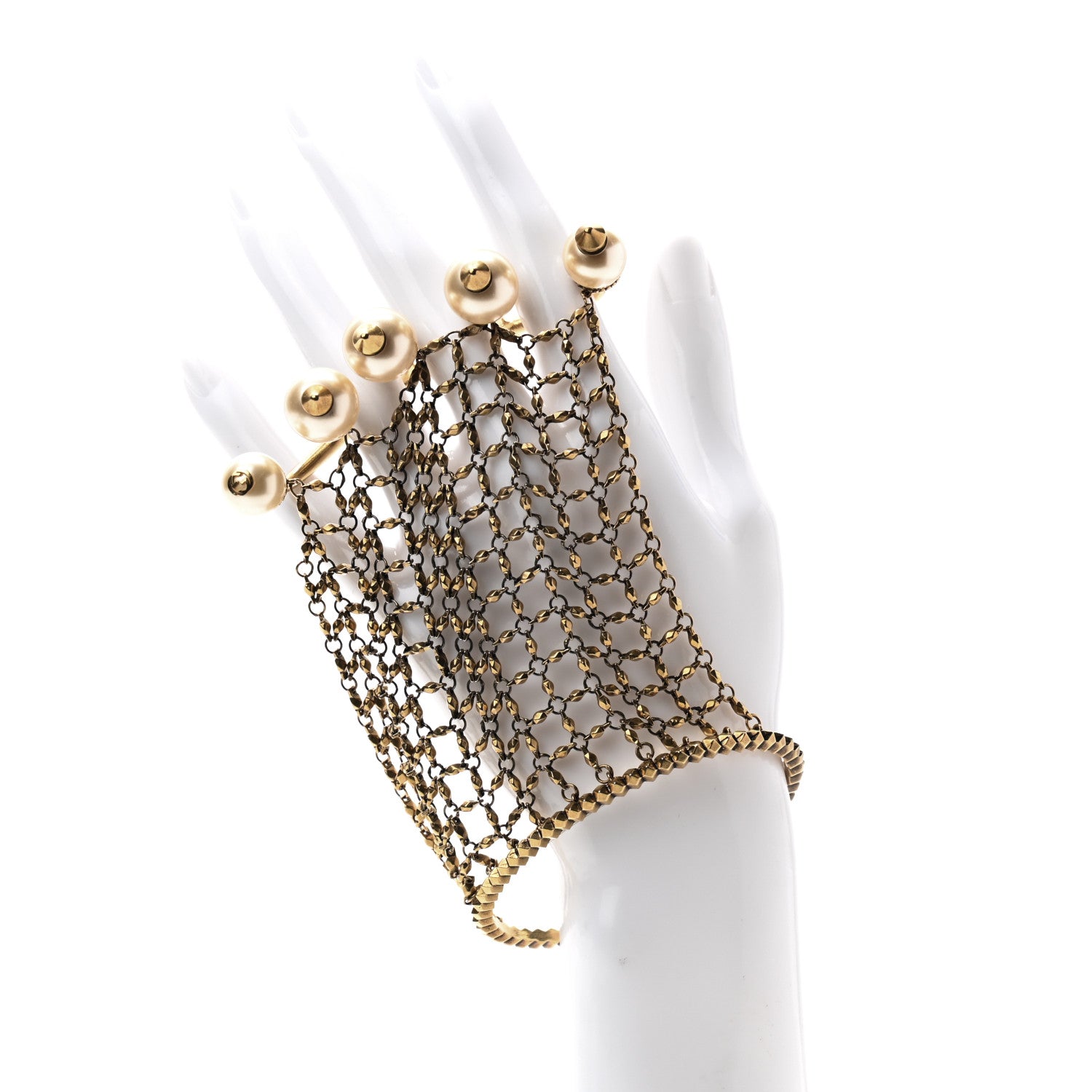 Gucci Metal Embellished Pearl Multi-Finger Ring Bracelet Gold 2 of 4