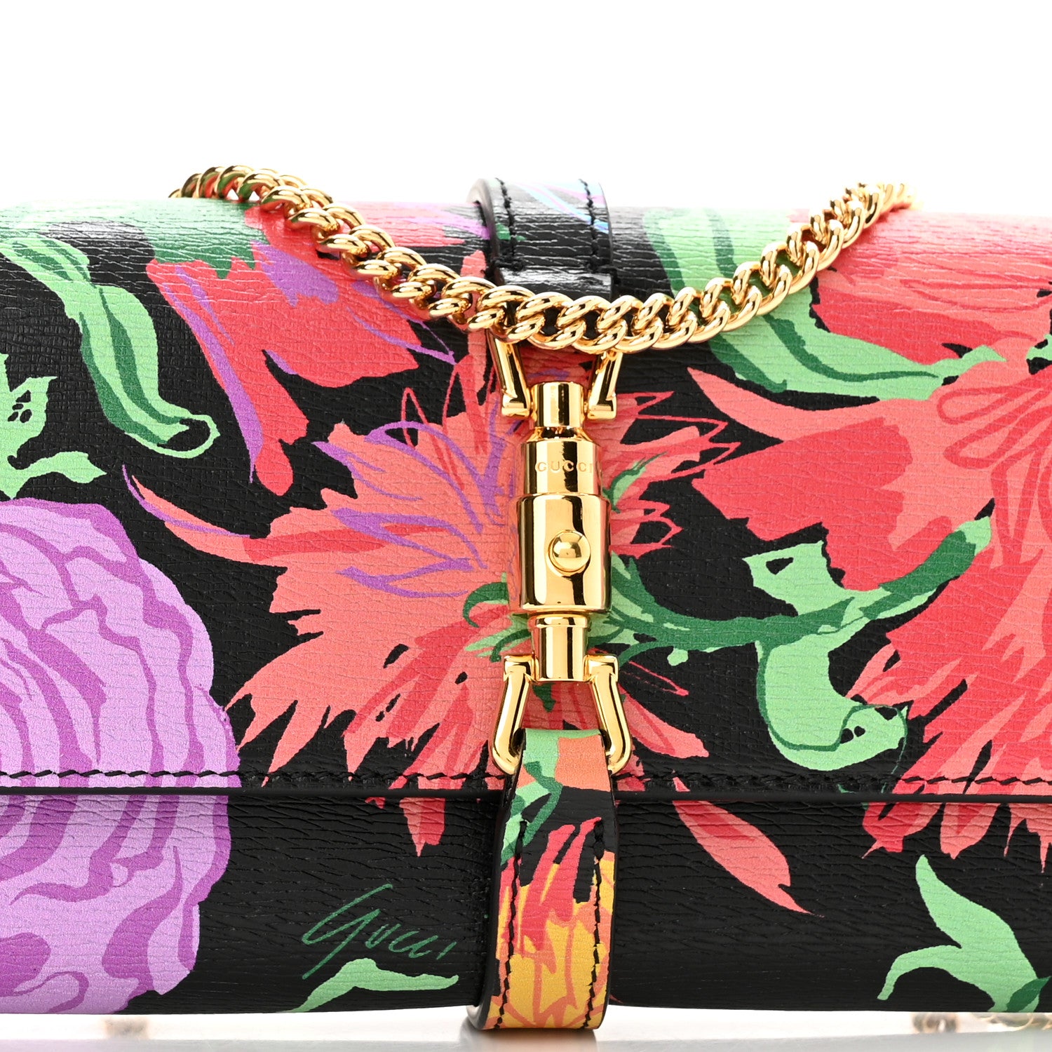 Gucci X KEN SCOTT New Shangai Calfskin Jenny Floral Print Jackie 1961 Chain Wallet Black Pink 8 of 10