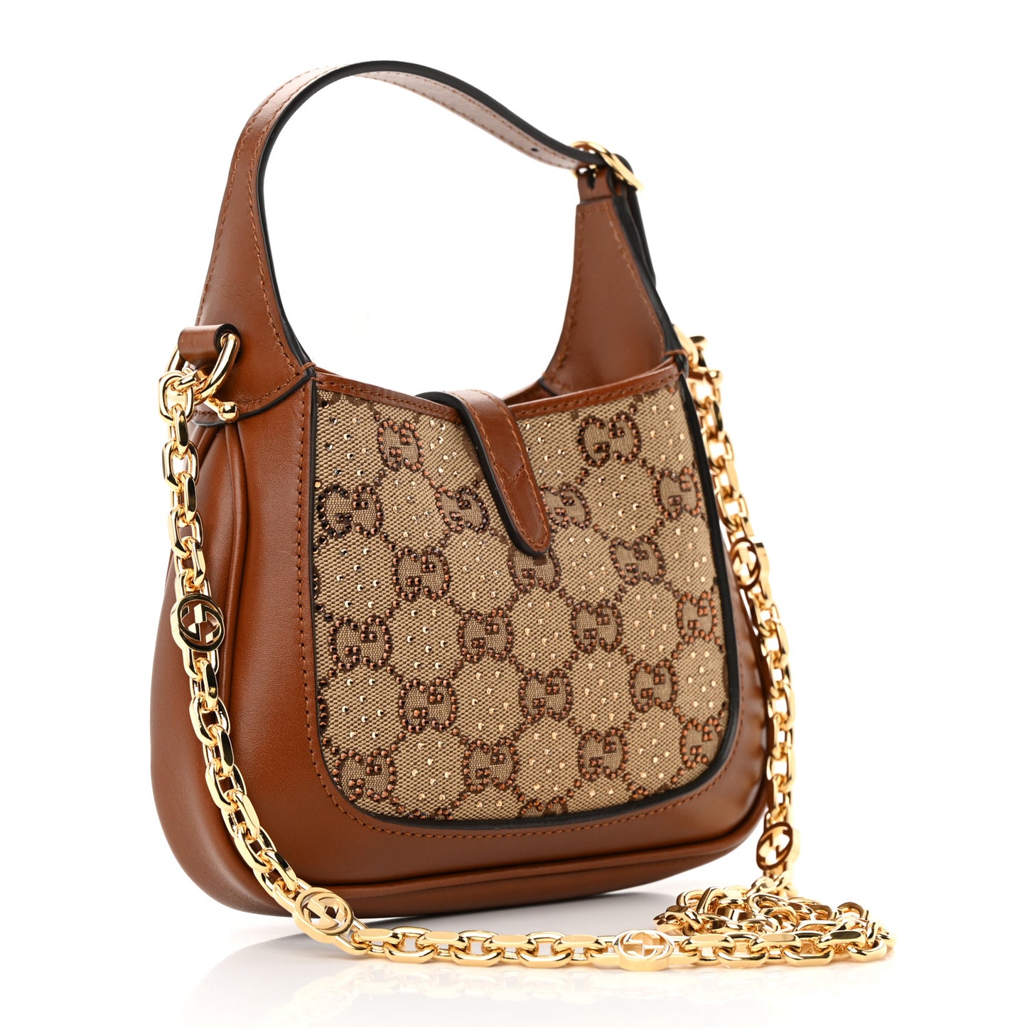 New Canvas Charisma Calfskin Crystal GG Monogram Mini Jackie 1961 Hobo Camel Ebony