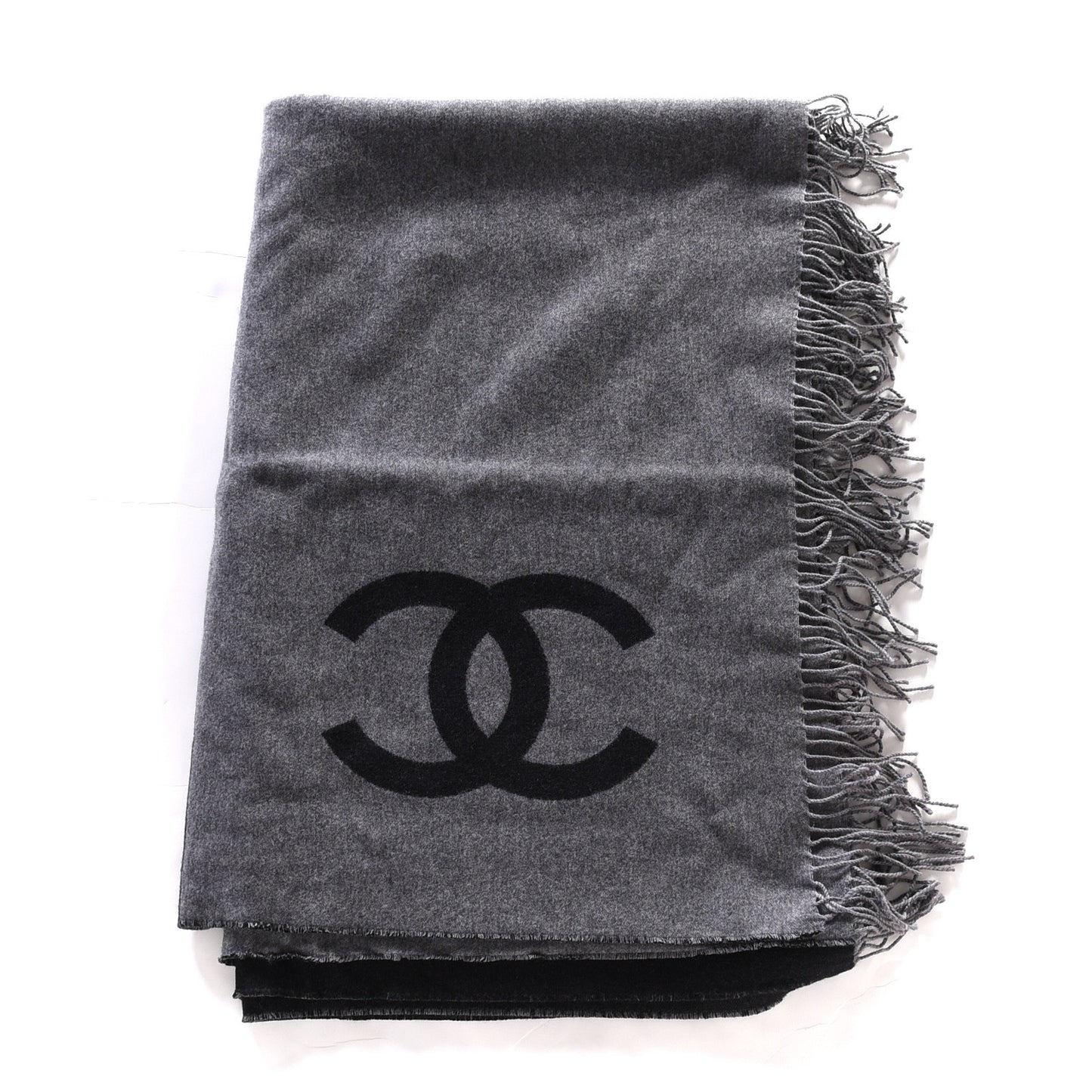 Merino Wool Cashmere CC Reversible Fringe Blanket Black Gray