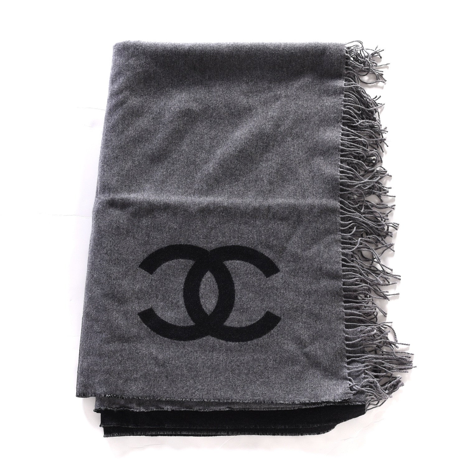 Chanel Merino Wool Cashmere CC Reversible Fringe Blanket Black Gray 1 of 3