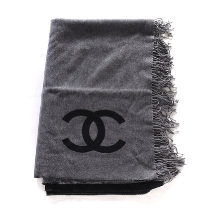 Chanel Merino Wool Cashmere CC Reversible Fringe Blanket Black Gray 1 of 3