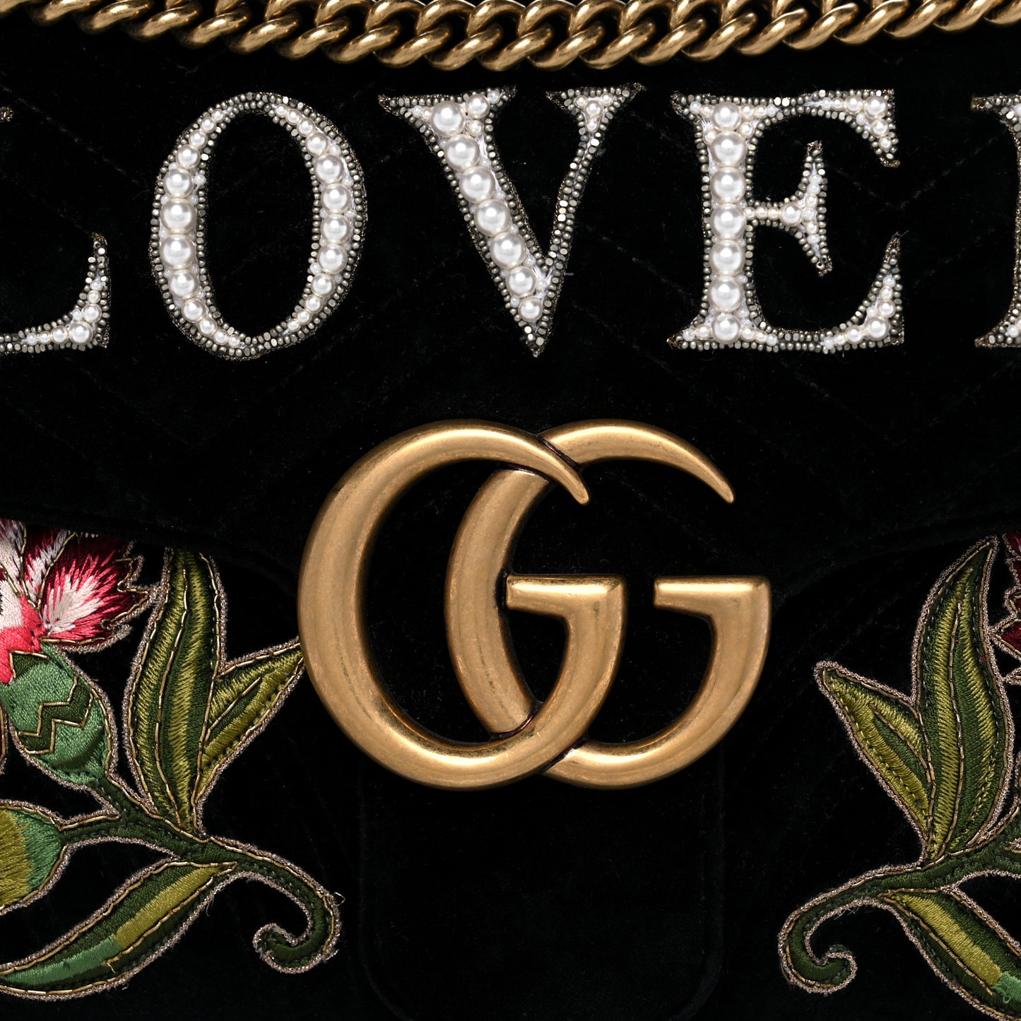Velvet Matelasse Loved Embroidered Medium GG Marmont Shoulder Bag Black