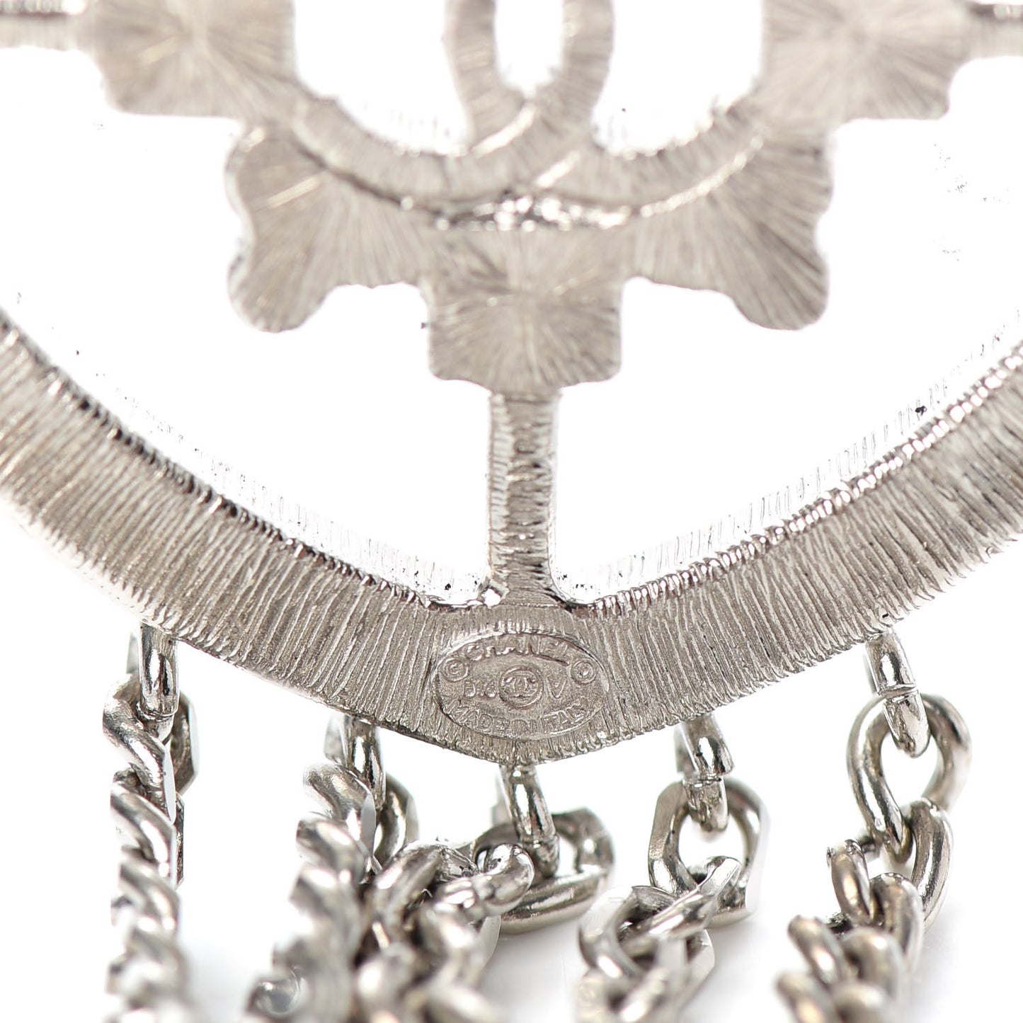 Baguette Crystal CC Shield Multi Strand Long Chain Brooch Silver