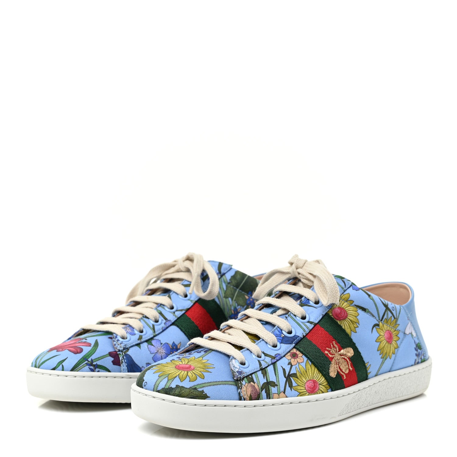Gucci Calfskin Web New Flora Print Womens Ace New Sneakers 37.5 Azure 3 of 9