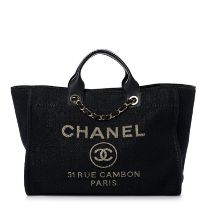 Chanel Lurex Canvas Medium Deauville Tote Navy Blue Gold 1 of 9