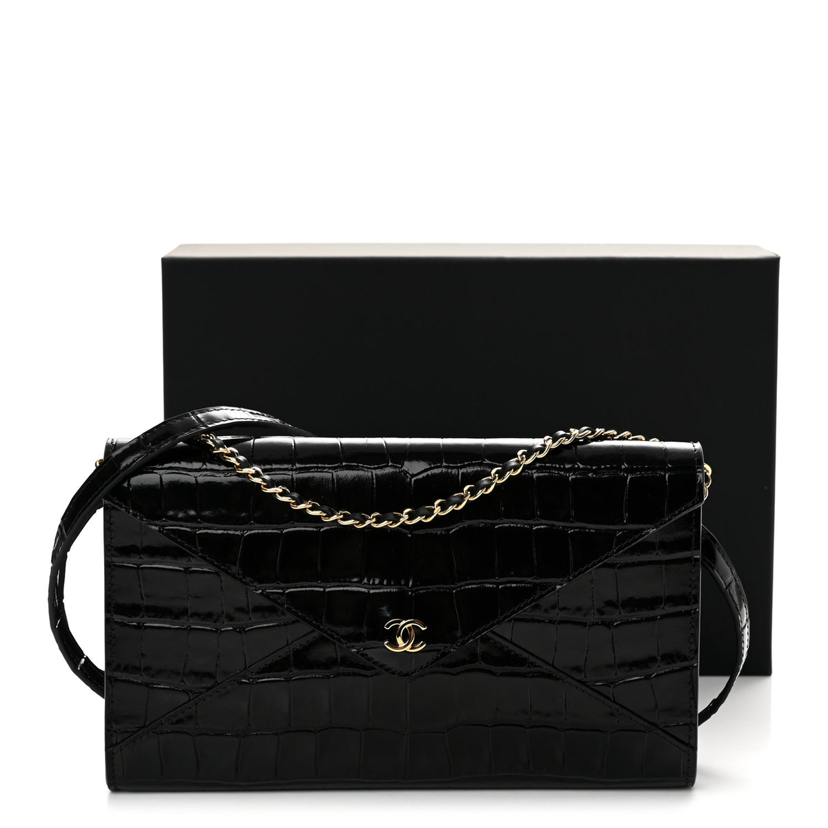 Chanel Calfskin Crocodile Embossed Envelope Clutch With Strap Black 12 of 12