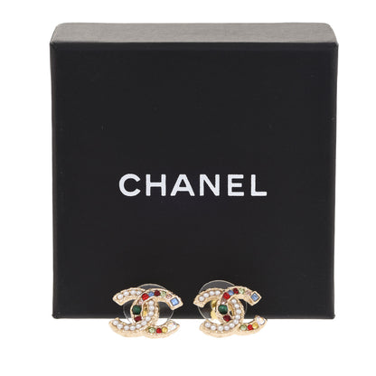 Chanel Pearl Crystal CC Earrings Gold Multicolor 5 of 5