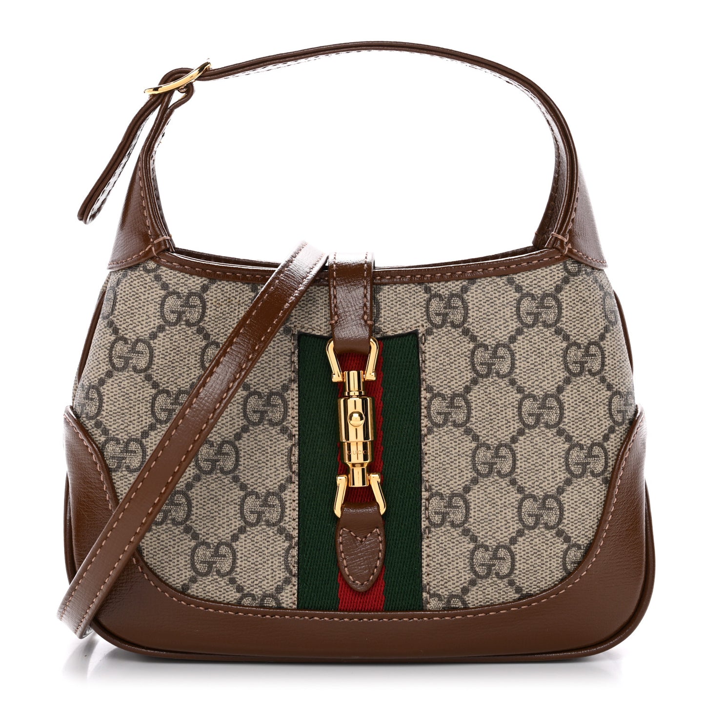 GG Supreme Monogram Azalea Calfskin Web Mini Jackie 1961 Hobo Beige Ebony Brown Sugar