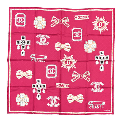 Chanel Silk Crystal Brooch Printed Square Scarf Pink Multicolor 1 of 3