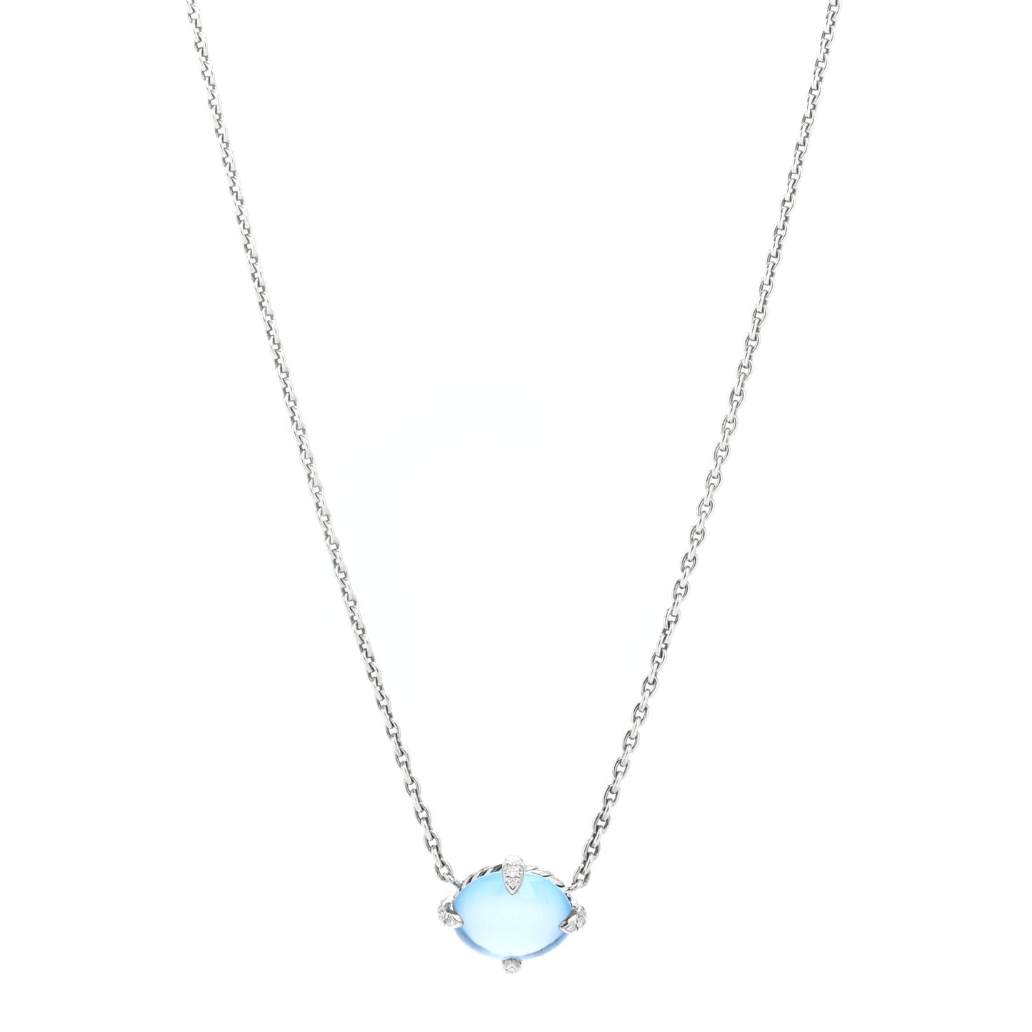Sterling Silver Diamond Blue Topaz Chatelaine Oval Pendant Necklace